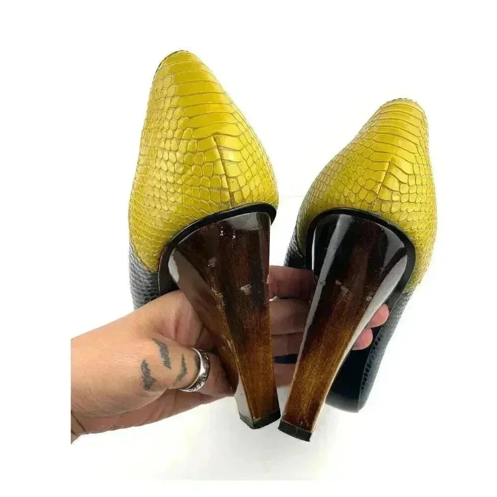 Wooden Heels‎ Pumps Blue Yellow Snake Style 10 7 For All Mankind Women's Leather - Picture 8 of 13